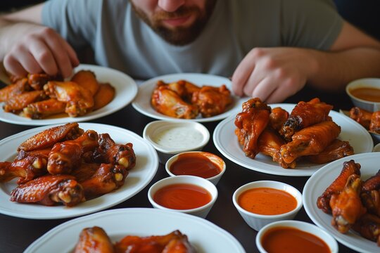 eater with game face, plates of wings, sauces arrayed