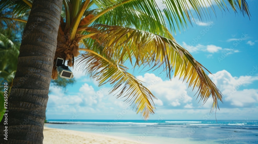 Poster a serene image of a palm tree on a sandy beach with a clear blue sky in the background. perfect for 