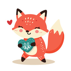 Cute smiling little fox holding a heart shaped gift