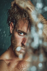 Intense Gaze from a Man taking a Shower.
Close-up of a serious man with water droplets.