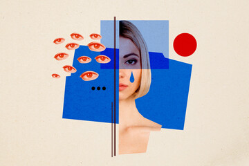 Photo collage illustration young woman suffer espionage many eyes spectate spy privacy violence...