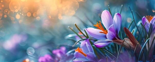 Saffron flowers on blue bokeh background, banner with copy space. Women's day or Mother's day spring card.