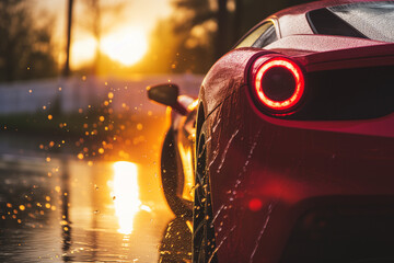 Supercar dripping in water, paint streaks, close-up, sunset lighting