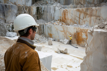 worker in hard hat inspecting marble at a limestone quarry