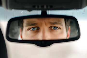closeup of drivers eyes in rearview mirror, intense focus