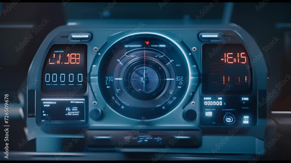 Poster futuristic spaceship control panel interface. spacecraft digital dashboard background with indicator