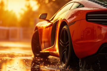 Supercar dripping in water, paint streaks, close-up, sunset lighting - obrazy, fototapety, plakaty