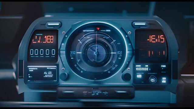 Futuristic spaceship control panel interface. Spacecraft digital dashboard background with indicators and tools. Space travel, space exploration and science.