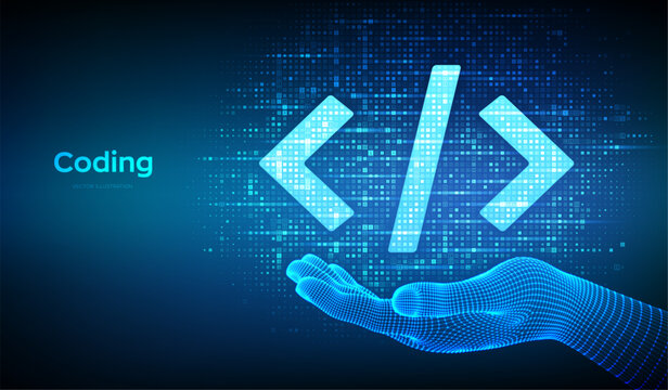 Programming code. Coding or Hacker sign. Programming code icon made with binary code in wireframe hand. Digital binary data and digital code. Matrix background with digits 1.0. Vector Illustration.
