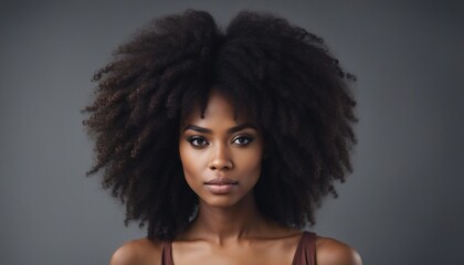 Serene Beauty: Portrait of a Young Black Woman with Soft Hair on a Gray Background