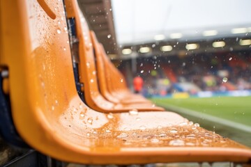football on a rainy stadium seat, water droplets visible