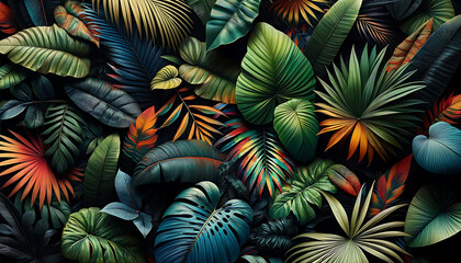 various kinds of tropical plants on a black background.