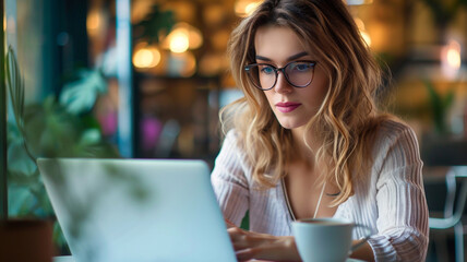 An attractive and elegant woman wearing glasses, deeply focused on her laptop while seated at a cafe table and enjoying a cup of coffee