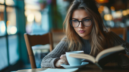 An attractive and elegant woman wearing glasses, deeply focused on her reading while seated at a cafe table and enjoying a cup of coffee