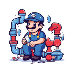 Plumber with a pipe in his hand. Cartoon vector illustration.