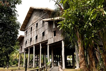 Melanau Tall House at Sarawak Cultural Village Santubong. Borneo island. Malaysia. Asia.