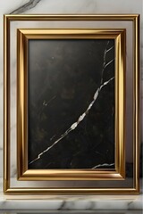 A beautiful golden photo frame on a plain marble background. Golden glittering frame decor in an isolated marble background. Simple minimalist aesthetic modern blank empty photo picture placeholder.