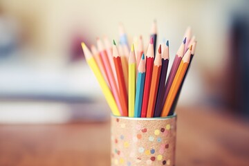 close-up of colored pencils in a mug