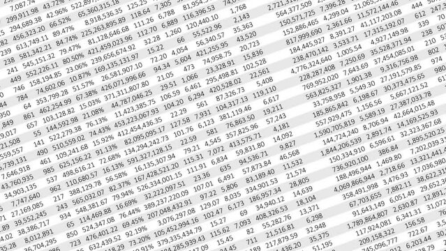 Numbers on a spreadsheet in columns and rows facing left panning downwards