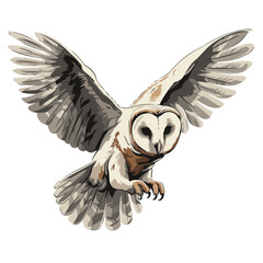 Illustration of an owl with wings spread on a white background.