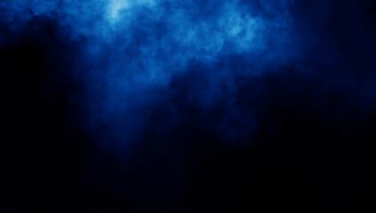 Abstract blue misty fog on isolated black background. Smoke stage studio. Texture overlays. The concept of aromatherapy.