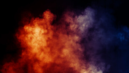 Abstract fire and blue misty fog on isolated black background. Smoke stage studio. Texture overlays. The concept of aromatherapy.