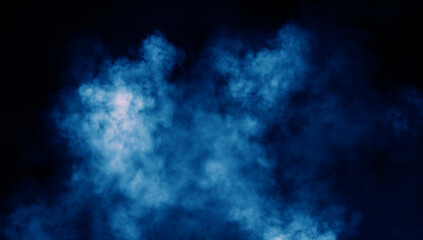 Abstract blue misty fog on isolated black background. Smoke stage studio. Texture overlays. The concept of aromatherapy. - obrazy, fototapety, plakaty