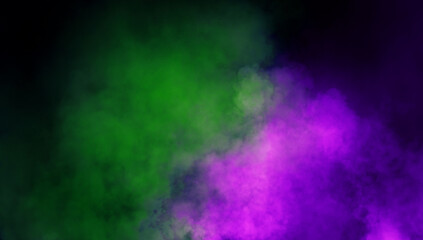 Abstract green and purple misty fog on isolated black background. Smoke stage studio. Texture overlays. The concept of aromatherapy.