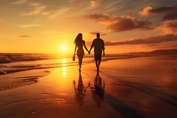 Ein romantischer Spaziergang im warmen Sonnenuntergang am Strand - obrazy, fototapety, plakaty