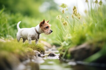 small terrier dog investigating plants at brook edge