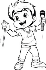 Cartoon boy singing karaoke with microphone. Vector illustration.