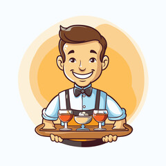 Illustration of a waiter holding a tray with glasses of wine and smiling