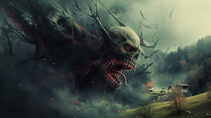 Sickly Grotesque Demon Entity Lurking Hills Countryside - obrazy, fototapety, plakaty