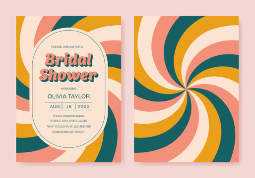 Retro bridal shower invitation in flat style. Groovy party template. Minimalist print design. Vector illustration.