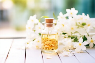 jasmine essential oil in transparent bottle with jasmine flower