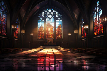 A catholic church with stained glass windows. A light shining through the window panes on the floor and the walls. The wall, ceiling, and floor are shining brightly and reflecting rays. Generative AI - obrazy, fototapety, plakaty