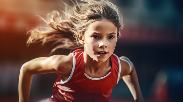 Lifelike image featuring a charming young girl participating in a sports competition, with available space for supplementary elements