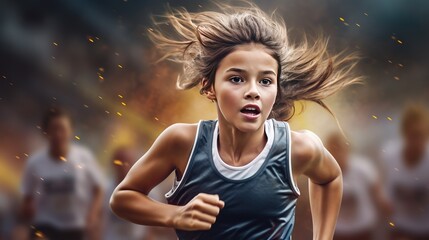 Lifelike image featuring a charming young girl participating in a sports competition, with available space for supplementary elements