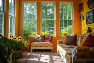 A cozy sun room filled with vibrant sunflowers and featuring a comfortable couch. Perfect for adding a touch of warmth and nature to any space