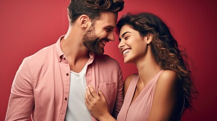 Loving couple smiling against a bold backdrop, perfect for adding text or logos