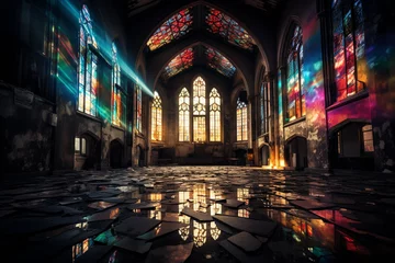 Foto op Canvas A catholic church with stained glass windows. A light shining through the window panes on the floor and the walls. The wall, ceiling, and floor are shining brightly and reflecting rays. Generative AI © Canary