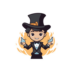 Cartoon magician with a magic wand. Vector illustration on white background.