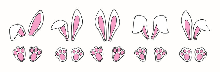 Hand drawn cute rabbit ears vector. Rabbit ears and rabbit feet vector collection