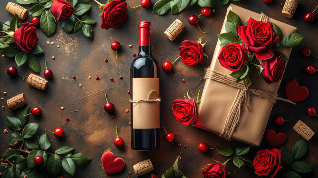 Valentine's day background with red roses, gift box and wine bottle and textured backdrop. Top view.