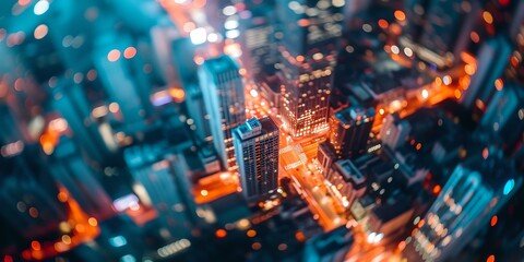 Urban landscape at night with vibrant lights. aerial city view with tilt-shift effect creating miniature world. modern cityscape at twilight. AI