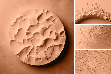 Peach fuzz is color of year 2024. Textures of cosmetics products surface in collage.