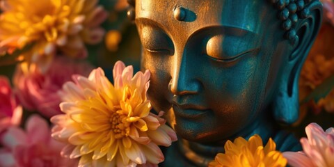 A close-up view of a statue of a person surrounded by vibrant flowers. This image can be used to depict beauty, nature, or memorial themes