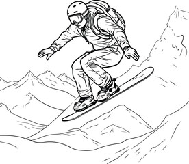 Snowboarder jumping on the mountains. Vector hand drawn illustration.