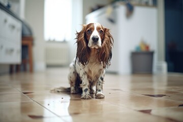 spaniel with muddy paws on a clean floor