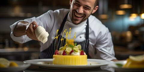 Chef decorating elegant dessert in kitchen. profession and passion. focus on detail, gourmet culinary experience. joyful work environment. AI